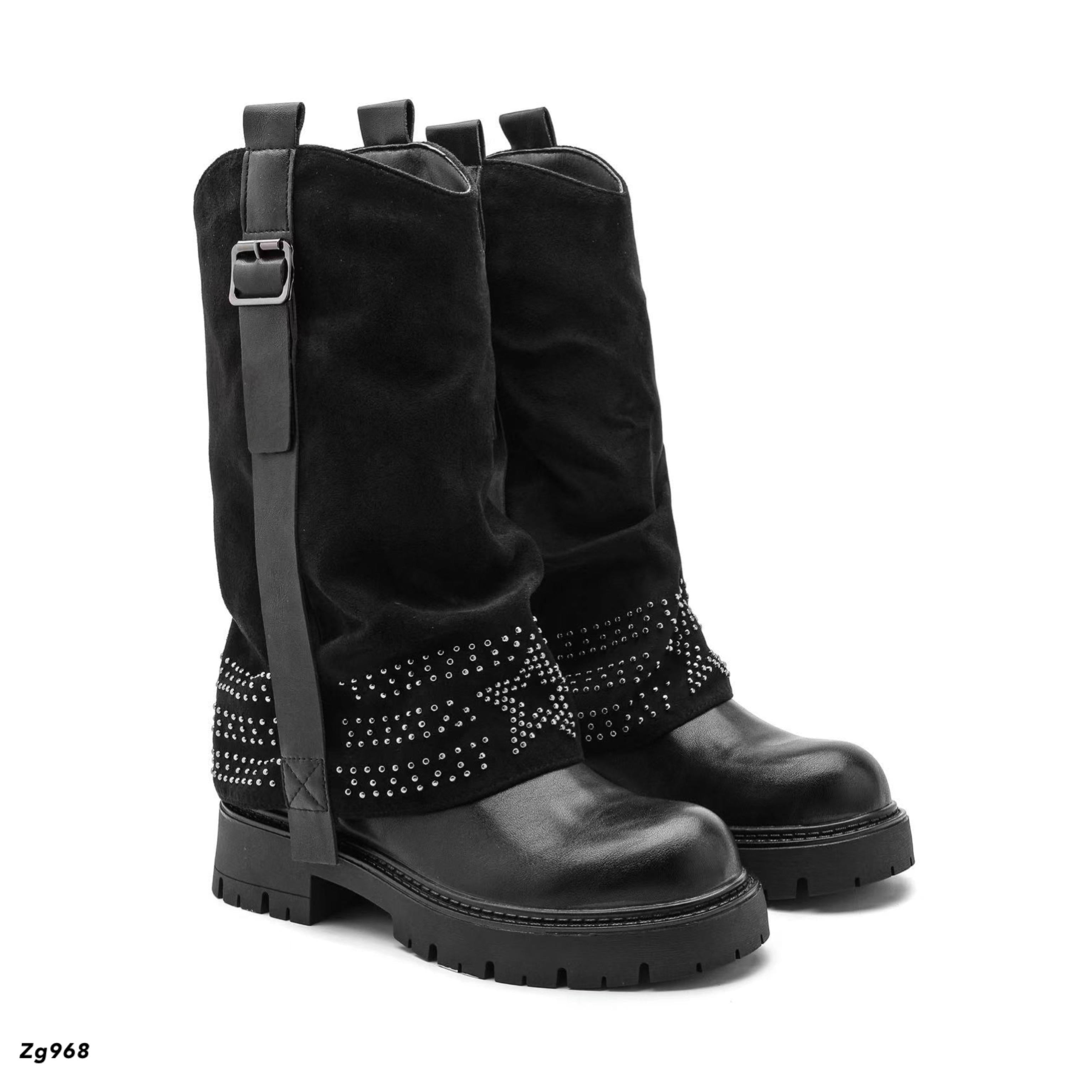 Bota negro doblez apliques plateado suela 4cm 5078 C-33